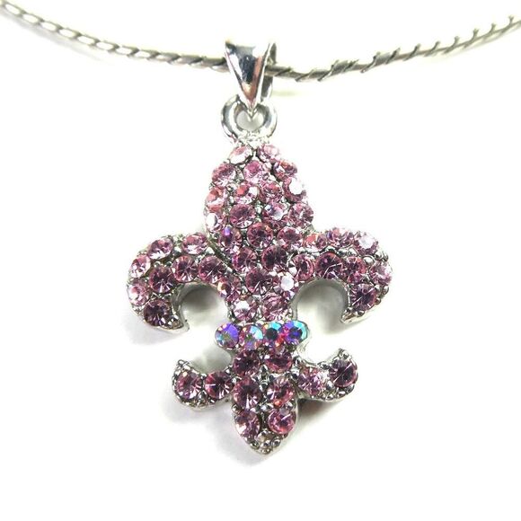Fleur De Lis Flower Pink Iridescent Rhinestone Sparkly Pendant Necklace 15+" - Picture 1 of 9